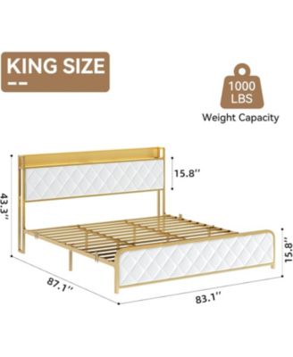Bed Frame with Storage Headboard King-Size, Velvet Platform Bed Frame with Charging Station LED Light Bed Frame, Strong Frame and Slats Support