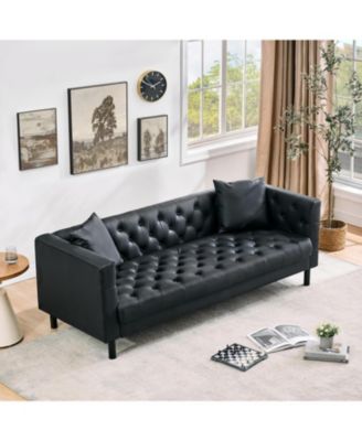  78" Leather Couch, Handmade Button Tufted 3 Seater Chesterfield Sofa with Deep Seat and 2 Pillows for Living Room or Apartment