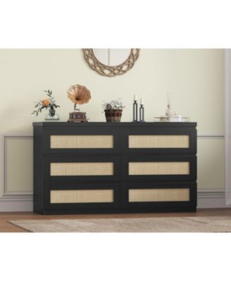 Rattan 6 Drawer Dresser, 47" Wide Farmhouse Wooden Chest for Living Room, Hallway