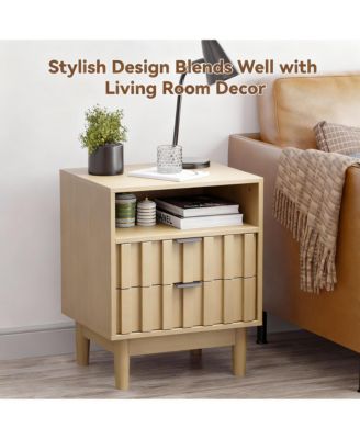 Fluted Pattern Modern Nightstand with 2 Drawers & Open Shelf