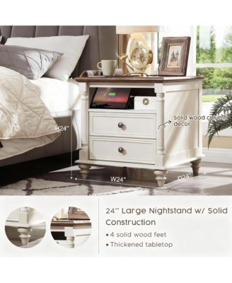 24" Rustic Square Nightstand with Charging Station for Bedroom/Living Room