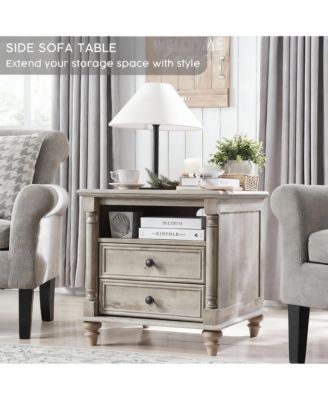 24" Rustic Square Nightstand with Charging Station for Bedroom/Living Room