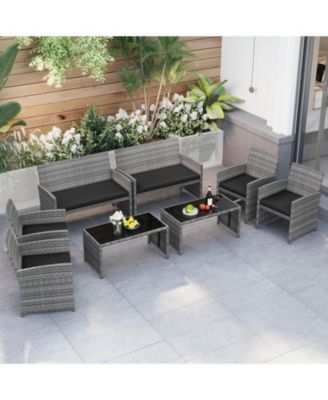 8 Piece Patio Furniture Set Outdoor Wicker Conversation Set w/ Tempered Glass Coffee Table