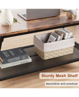 Coffee Table Farmhouse Center Table 2-Tier Industrial Living Room with Mesh Shelf Rectangle Wood Cocktail Table Metal Frame, Easy to Assemble