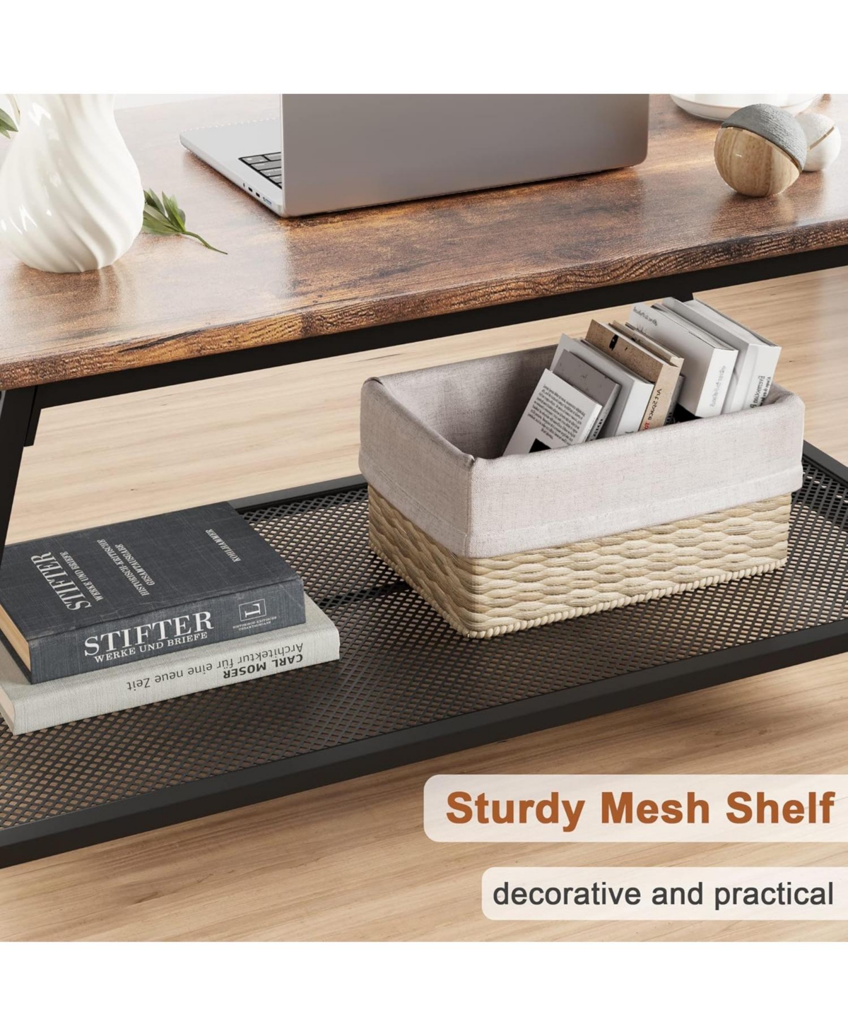 gaomon Coffee Table Farmhouse Center Table 2-Tier Industrial Living Room with Mesh Shelf Rectangle Wood Cocktail Table Metal Frame, Easy to Assemble