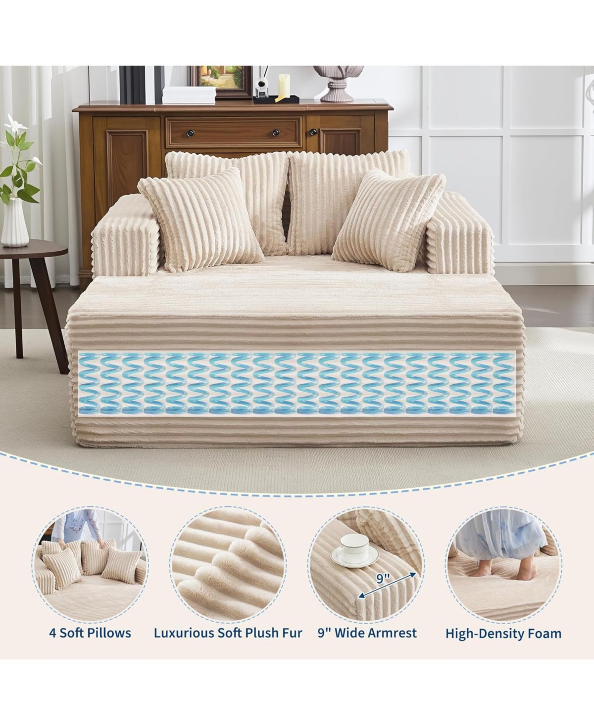 gaomon Oversized Chaise Lounge Chair 54 61" Indoor Corduroy Cloud Boneless Single Couch Sofa with 4 Pillows Armrests & Deep Seat No Assembly