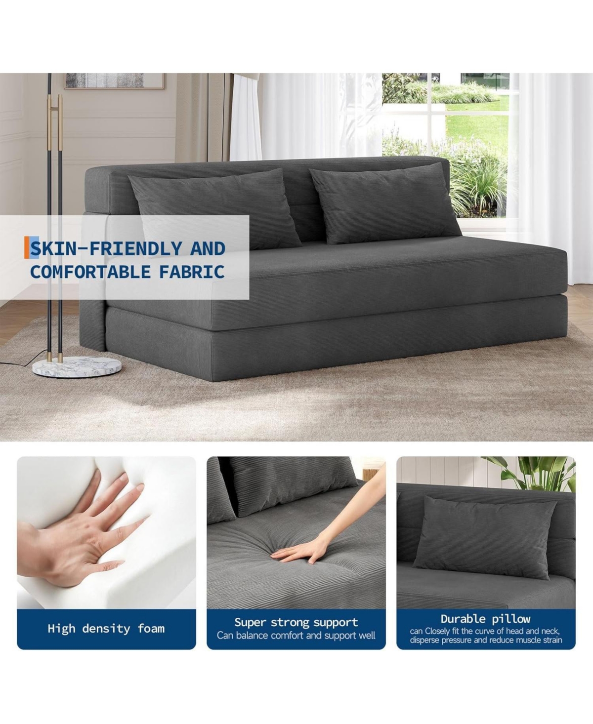 gaomon Folding Sofa Bed, 4-in-1 Convertible Sleeper Chair with 2 Pillows, Futon Couch Bed with Back Support