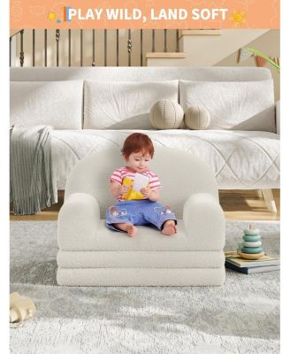 Kids Couch, 2 in 1 Convertible Teddy Fleece Toddler Sofa Chair, Soft Fold Out Lounger & Comfy Children s Sofa Bed for Playroom
