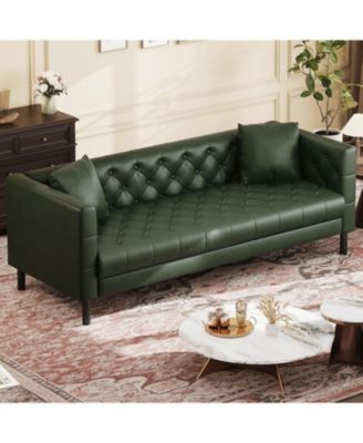 Leather Couch, Handmade Button Tufted 3 Seater Sofa, Chesterfield Sofa with Deep Seat and 2 Pillows, Leather Sofa for Living Room Apartment