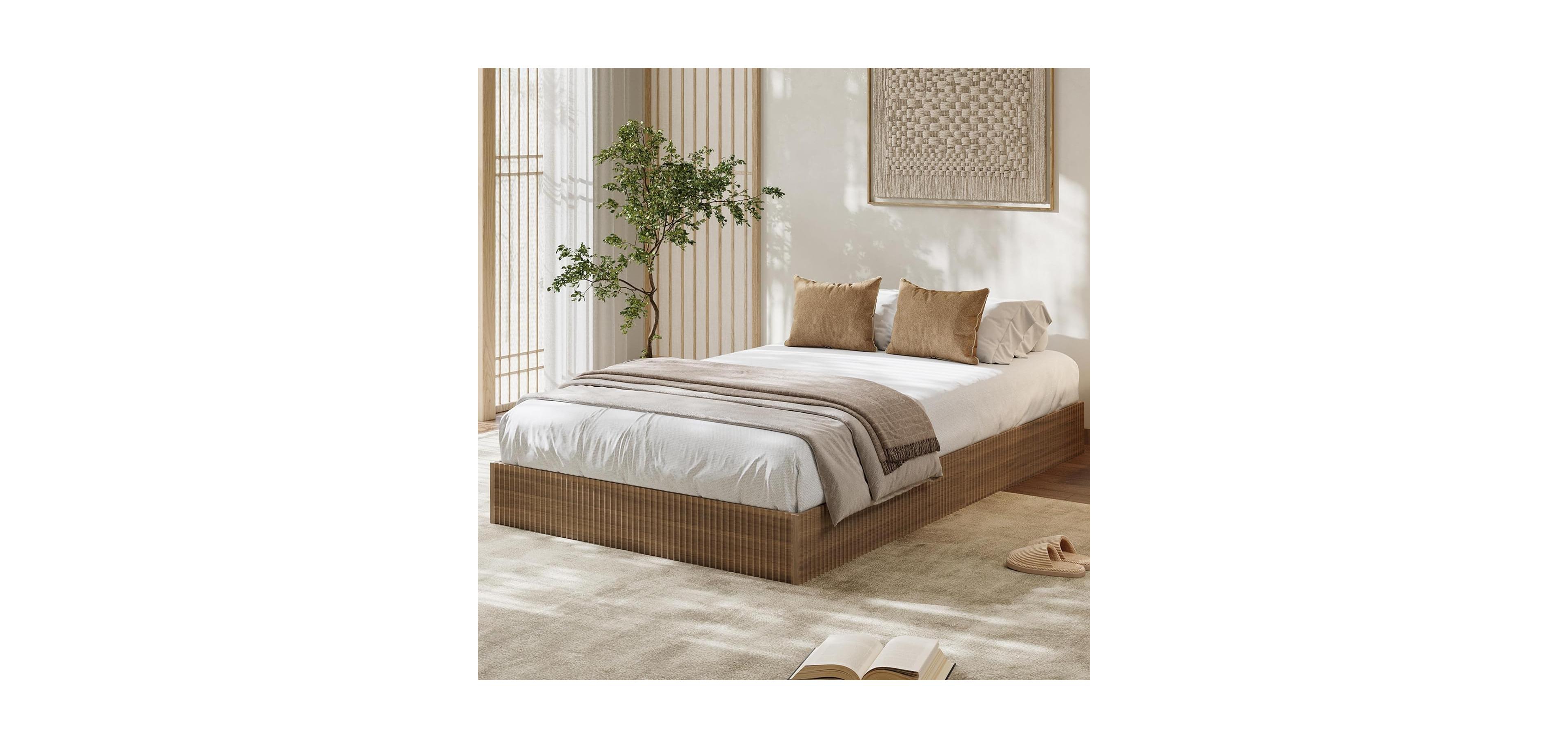 gaomon Bed Frame, Wood Platform Bed with Fluted Design, Low Profile Bed Frame, Minimalist Bed Base with Noise-Free, Easy Assembly