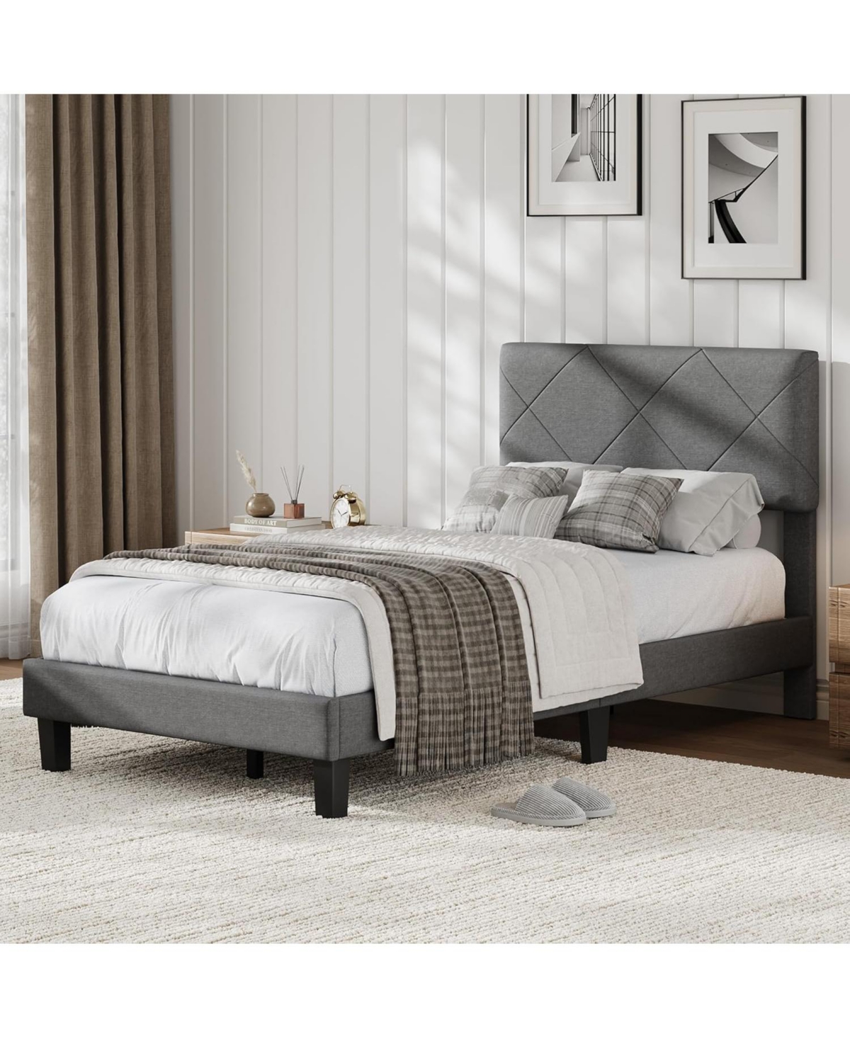 gaomon twin size upholstered platform bed frame with headboard, wooden slat support and noise-free easy assembly design