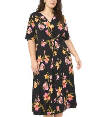 Plus Size V-Neck Printed Midi Dress