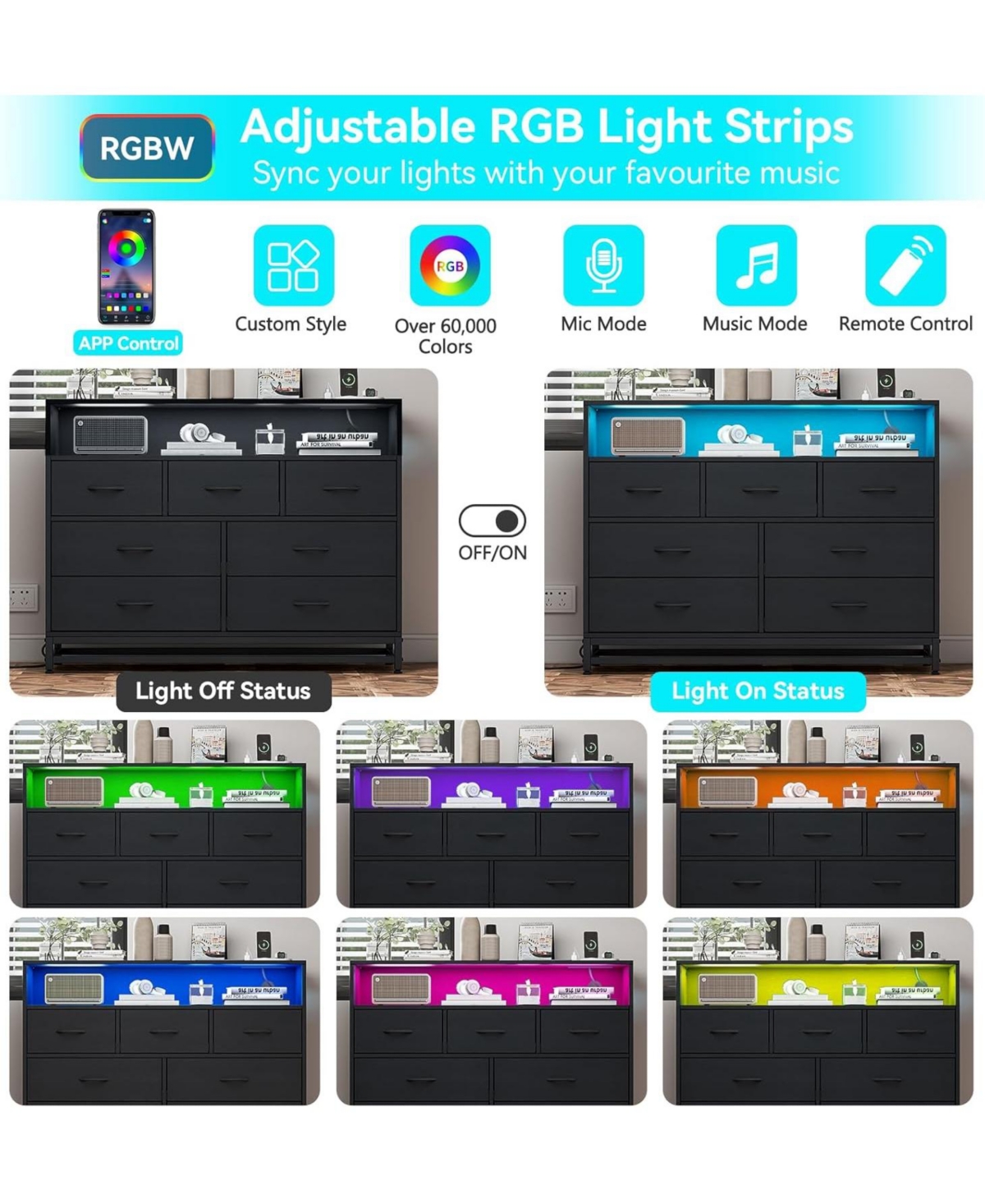 Gaomon Dresser with 7 Drawers for Bedroom, Wooden Long Led Lights and Charging Station, Large Capacity