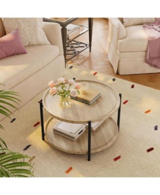Round Coffee Table for Living Room, Rustic Wood Desktop Center Table with Sturdy Metal Legs, 2-Tier Circle Coffee Table with Storage Shelf