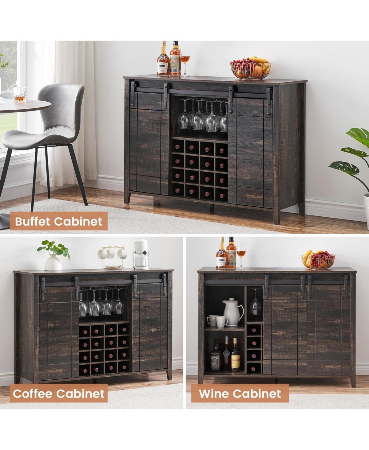 gaomon 47 Inch Wine Bar Cabinet with Sliding Barn Door Buffet Sideboard Cabinet with 16 Bottle Wine Rack