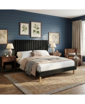 Queen Size Velvet Platform Bed Frame with Vertical Channel Tufted Adjustable Headboard, Sturdy Wooden Slats, No Box Spring Needed