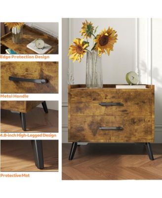 Retro Nightstand, Minimalist End Side Table, Bedside Table with 2 Drawers and Metal Legs, Essential Bedroom Furniture