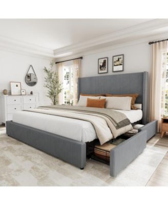 Queen Size Bed Frame with Storage Drawers, Corduroy Upholstered Platform Bed with Wingback, Tufted Headboard and Footboard