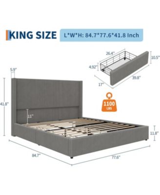 King Size Bed Frame with Storage Drawers, Corduroy Upholstered Platform with Wingback, Tufted Headboard and Footboard