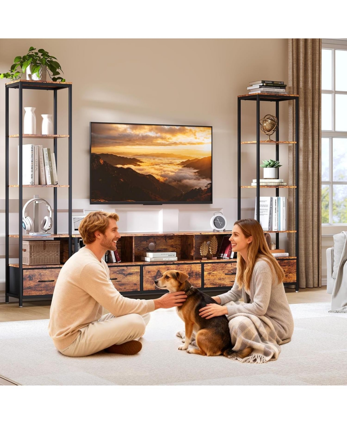 gaomon Tv Entertainment Center with Storage, 5 Fabric Drawer, 2 Bookshelf, Tv Console with Shelf