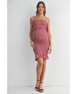Maternity Smocked Spaghetti Strap Dress with Ruffle Hem