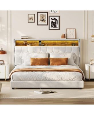 Queen Size Floating Bed Frame with LED Lights, Velvet Upholstered Platform, Storage Headboard, No Box Spring Needed
