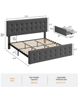 King Bed Frame with Headboard and 4 Storage Drawers, Square Stitched Button Tufted Platform