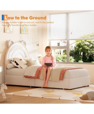 Twin Size Bed Frame with 2 Storage Drawers, Velvet Upholstered Platform Bed with Rainbow Headboard for Kids, Solid Wood Slats Support