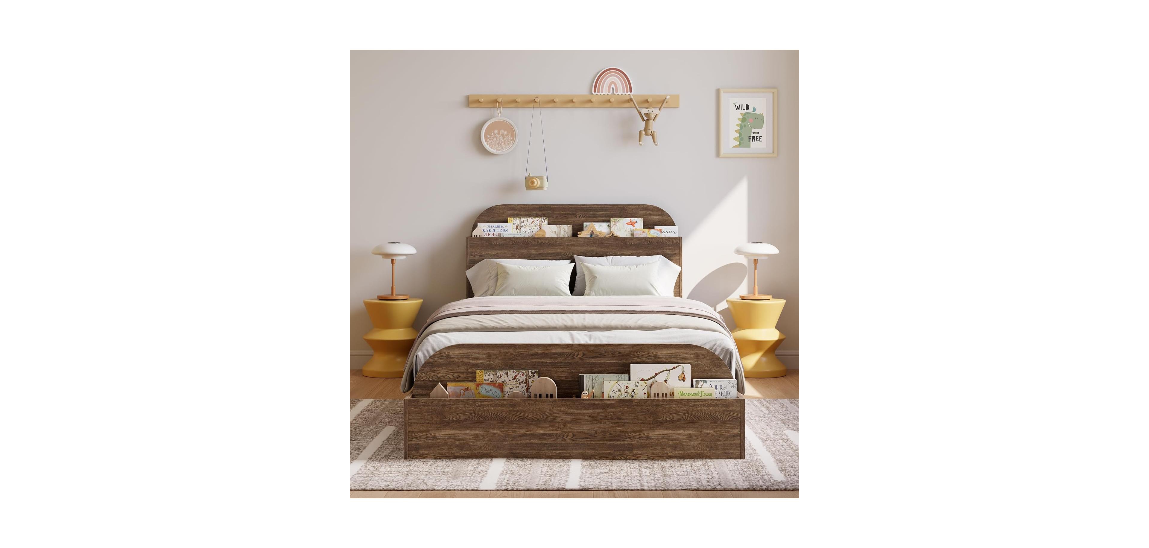 gaomon Twin Bed Frame, Wooden Beds with Storage Headboard and Raised-Foodboard, Twin-Floor Low Platform Bed for Bedroom, Sturdy Wooden Slats Support