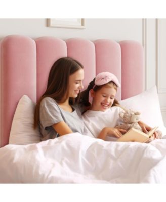 2 Sets Twin Bed Frame with Under-Bed Drawer, Upholstered Platform Bed with Wave Headboard for Kids/Girls, Wooden Slats Support