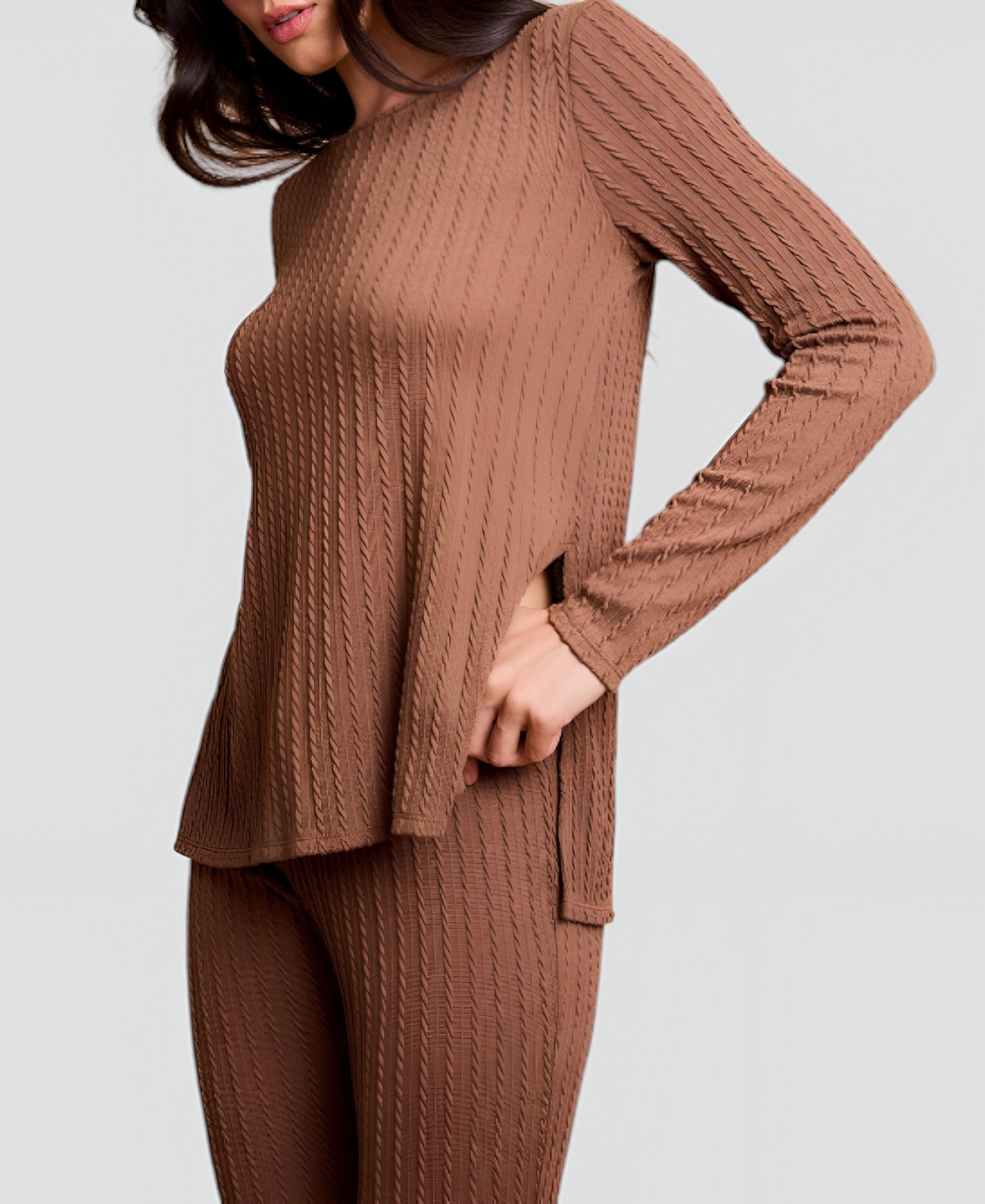 Modenaire Women's Ribbed Knit Long Sleeve Top and Flared Pants Lounge Set