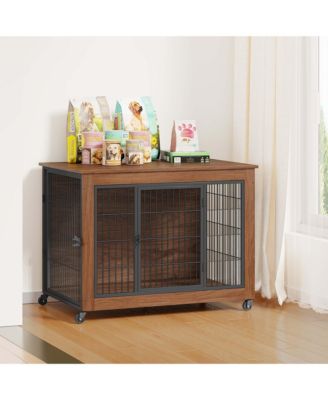38.6" Dog Crate Furniture with Wheels, 2-Door Heavy Duty Indoor Kennel & End Table for Small Dogs