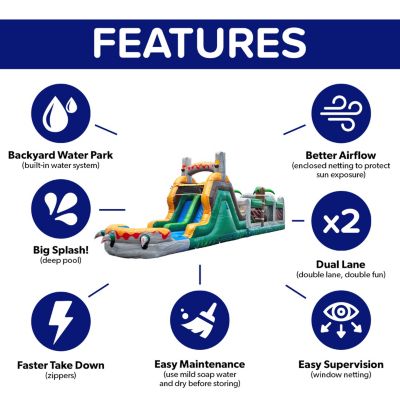 T-Rex Adventure 42’ Inflatable Obstacle Course with Water Slide – Dinosaur Theme, Commercial Grade PVC Vinyl, Ultimate Backyard Challenge