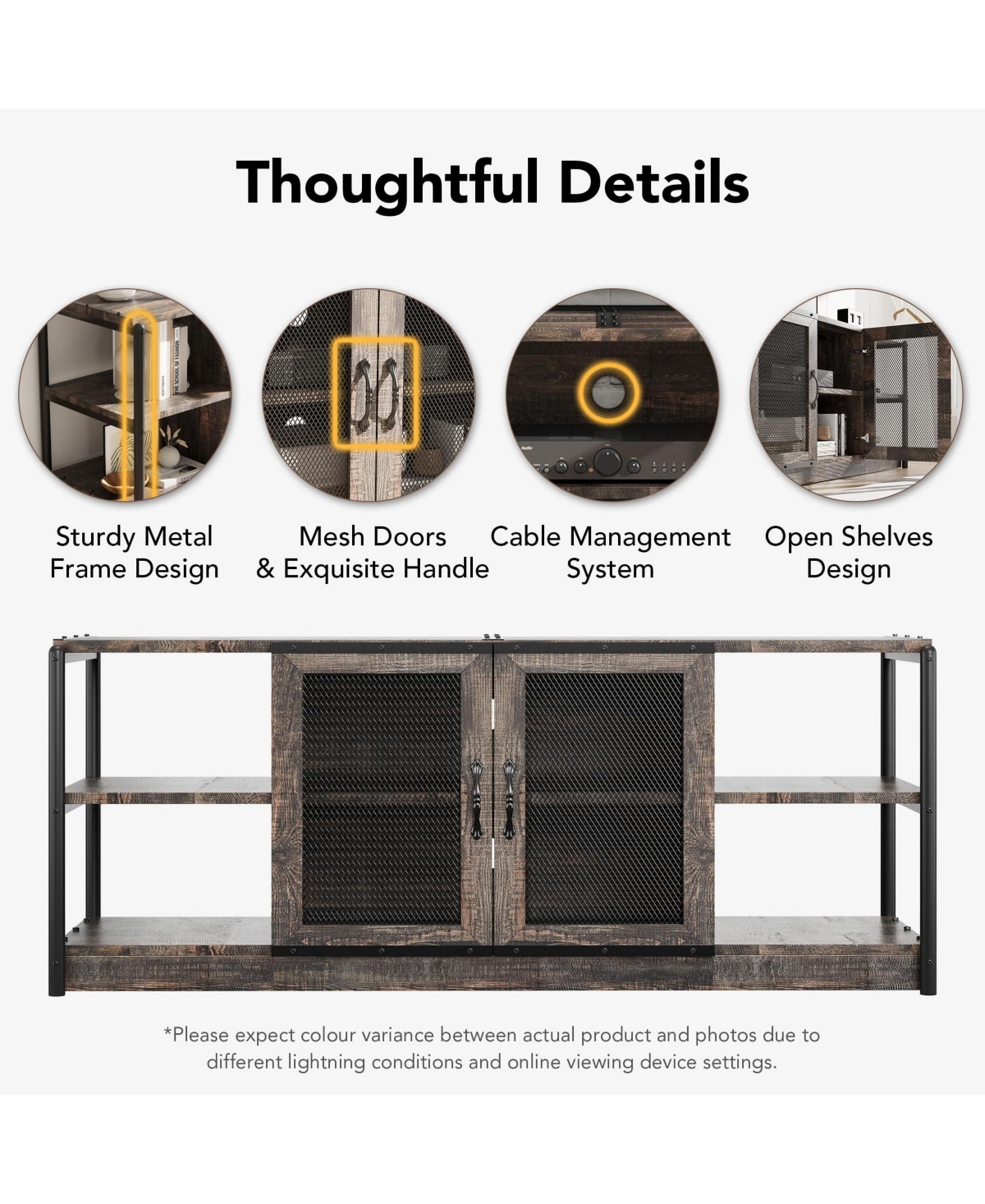 Farmhouse Tv Stand for 65+ Inch TVs, Media Stand with Mesh Door & Storage Shelves