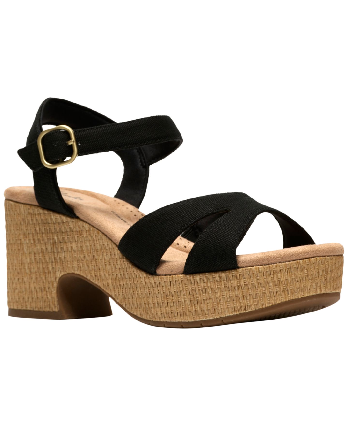 Женские сандалии Clarks Nerisa Twist Round Toe Wedge, цвет: Чёрный холщовый — фото 1