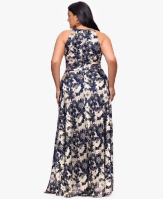 Plus Size Halter Wrap Foil Ball Gown