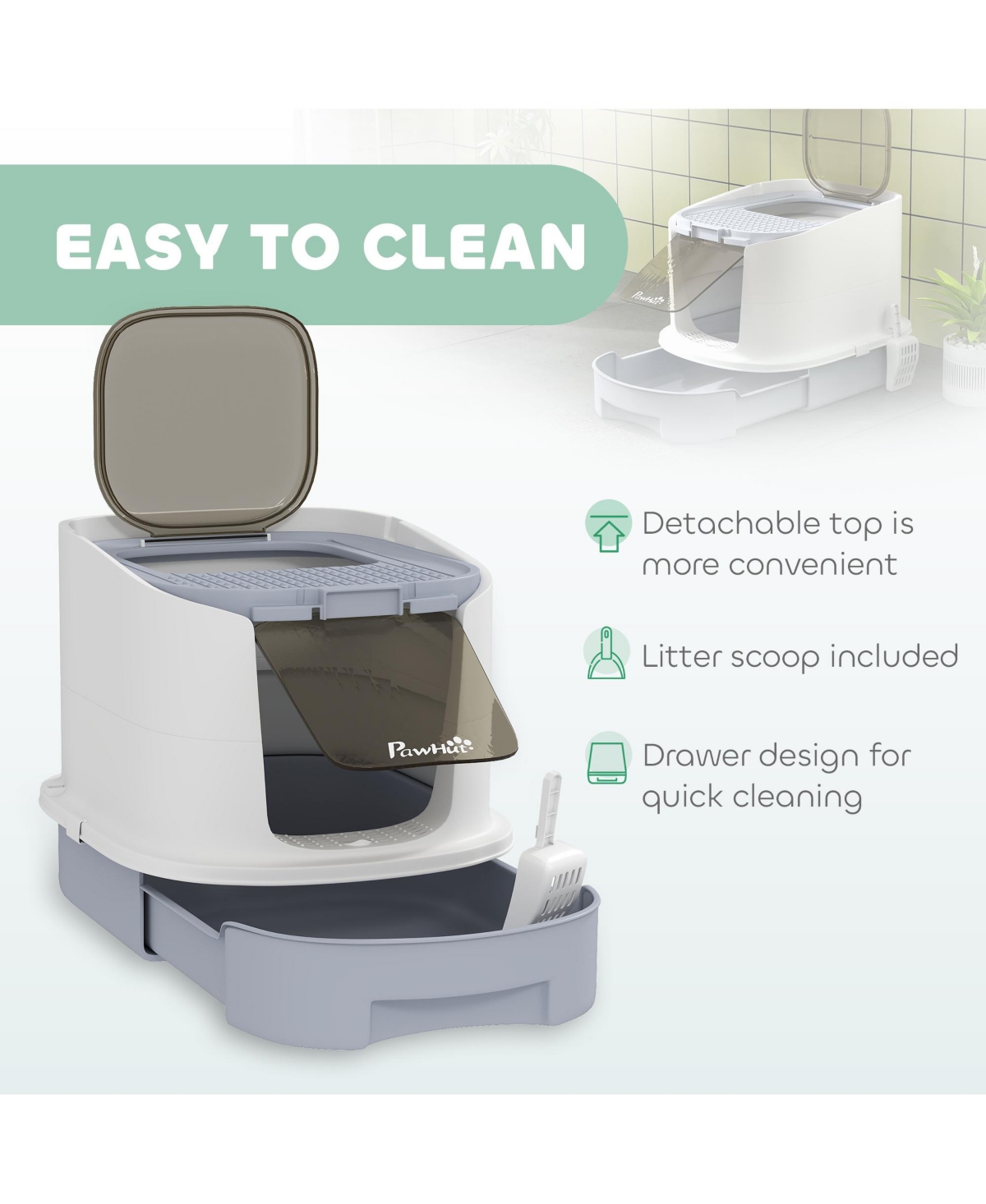 PawHut Cat Litter Box, Cove Kitty Litter Box with Lid, Scoop,