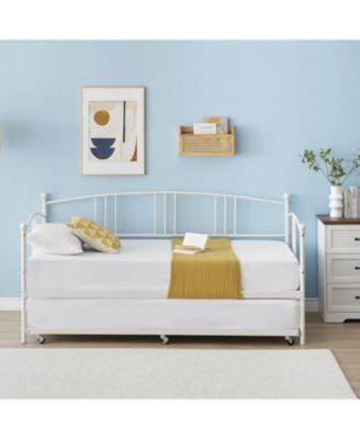 Twin Metal Daybed with Trundle, Pullout Trundle Bed Frame with Arched Headboard, Guest Sofa Bed with Steel Slat Support, No Box Spring Required