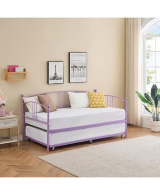 Twin Metal Daybed with Trundle, Pullout Trundle Bed Frame with Arched Headboard, Guest Sofa Bed with Steel Slat Support, No Box Spring Required