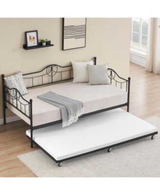 Metal Daybed with Trundle Bed, Twin Size Day Bed with Headboard and Heavy Duty Steel Slats Support, Mattress Foundation Platform Sofa Bed