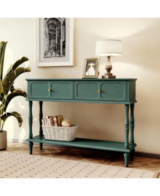 Mid-Century Green Console Table, 2 Drawers, Open Shelf, Vintage Design