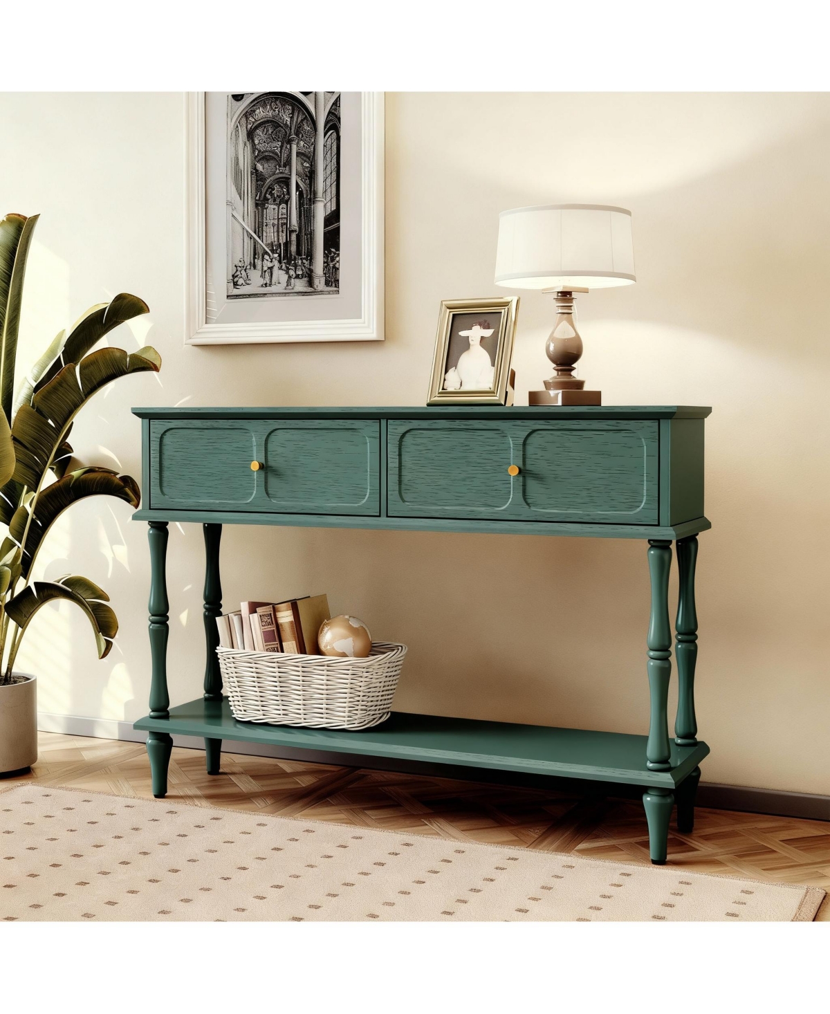 Yigii Mid-Century Green Console Table, 2 Drawers, Open Shelf, Vintage Design