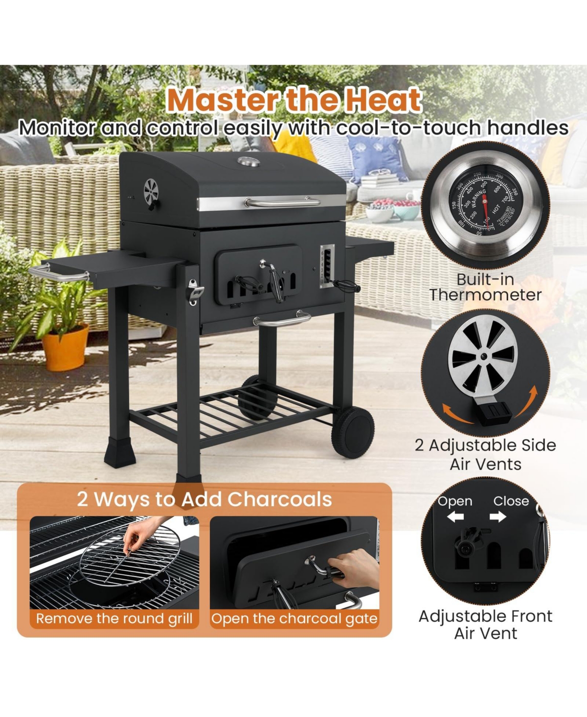 Ecooso 24-Inch Barrel Charcoal Grill with 2 Folding Side Tables and 544 sq.in Cooking Area