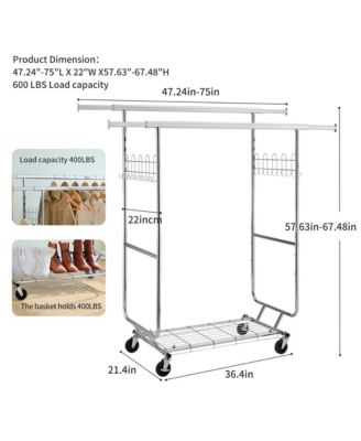 Double Clothing Garment Rack, Double Rod Rolling Clothing Rack, Portable Collapsible Hanging Rack with Shelves, Capacity 800lbs for Bedroom