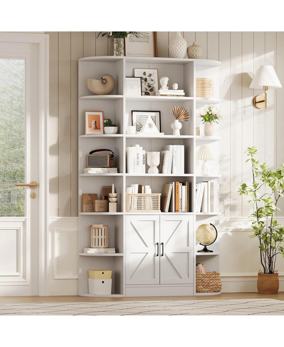 gaomon Bookshelf with Doors,6 Tier Bookcase Storage Cabinet, Modern Farmhouse Freestanding Wood Display Shelves Book Cabinet