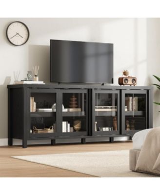 65 Inch TV Stand, Black Modern Entertainment Center with 4 Sliding Glass Doors & Storage Cabinets for Living Room Bedroom