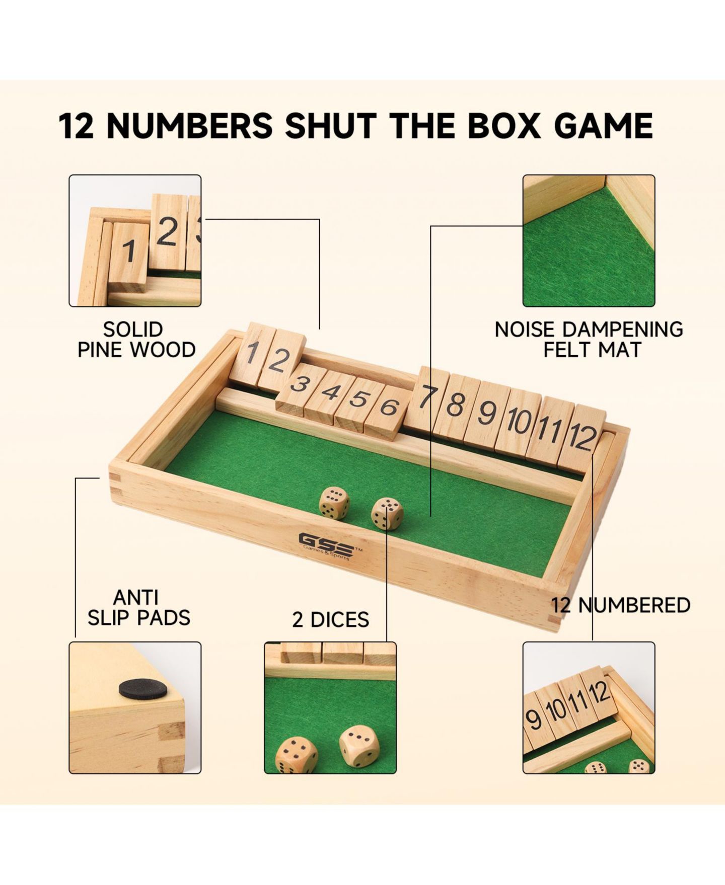 Детская настольная игра GSE Games & Sports Expert Shut The Box Wooden Board Game, Ages 6+, цвет: Жёлтый — фото 2
