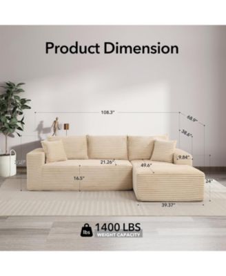 Boneless Sectional Cloud Couches for Living Room L-Shape Corduroy Cloud Sectional Couch with Chaise Modern Modular Sectional Sofa