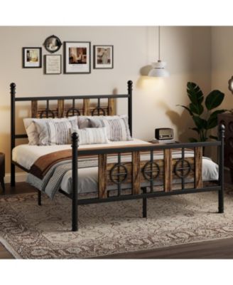 Full Size Bed Frame with Headboard and Footboard, Metal Twin Bed Frame w/Vintage Circular Design & Storage Space Under Bed, Easy Assembly