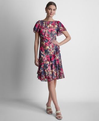 Petite Flutter-Sleeve Jewel Neck Dress